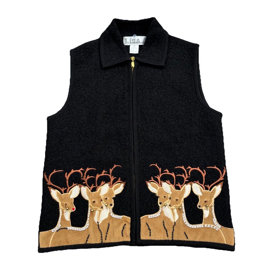 Vintage 90's Lisa International Boiled Wool  Black Christmas Reindeer Vest sz M